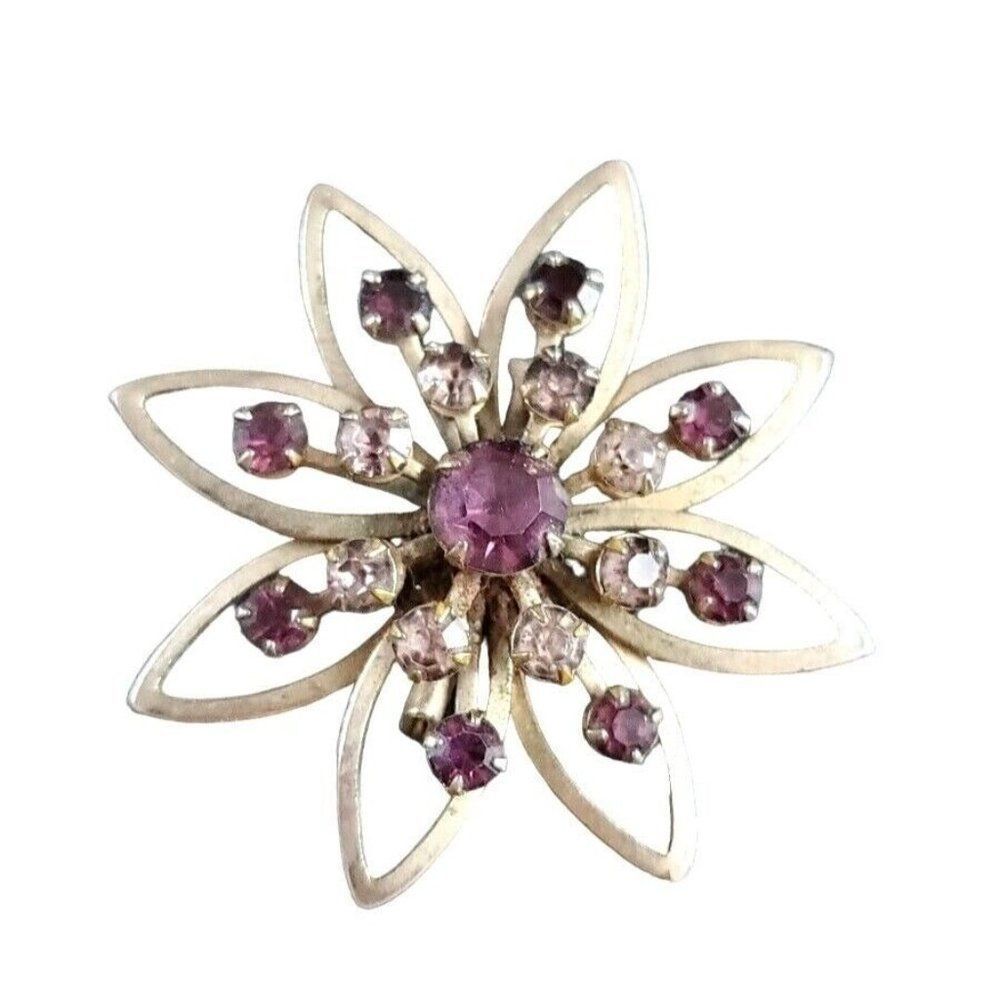 Vintage Mid Century MCM Purple Rhinestone Sputnik Starburst Flower Brooch Pin
